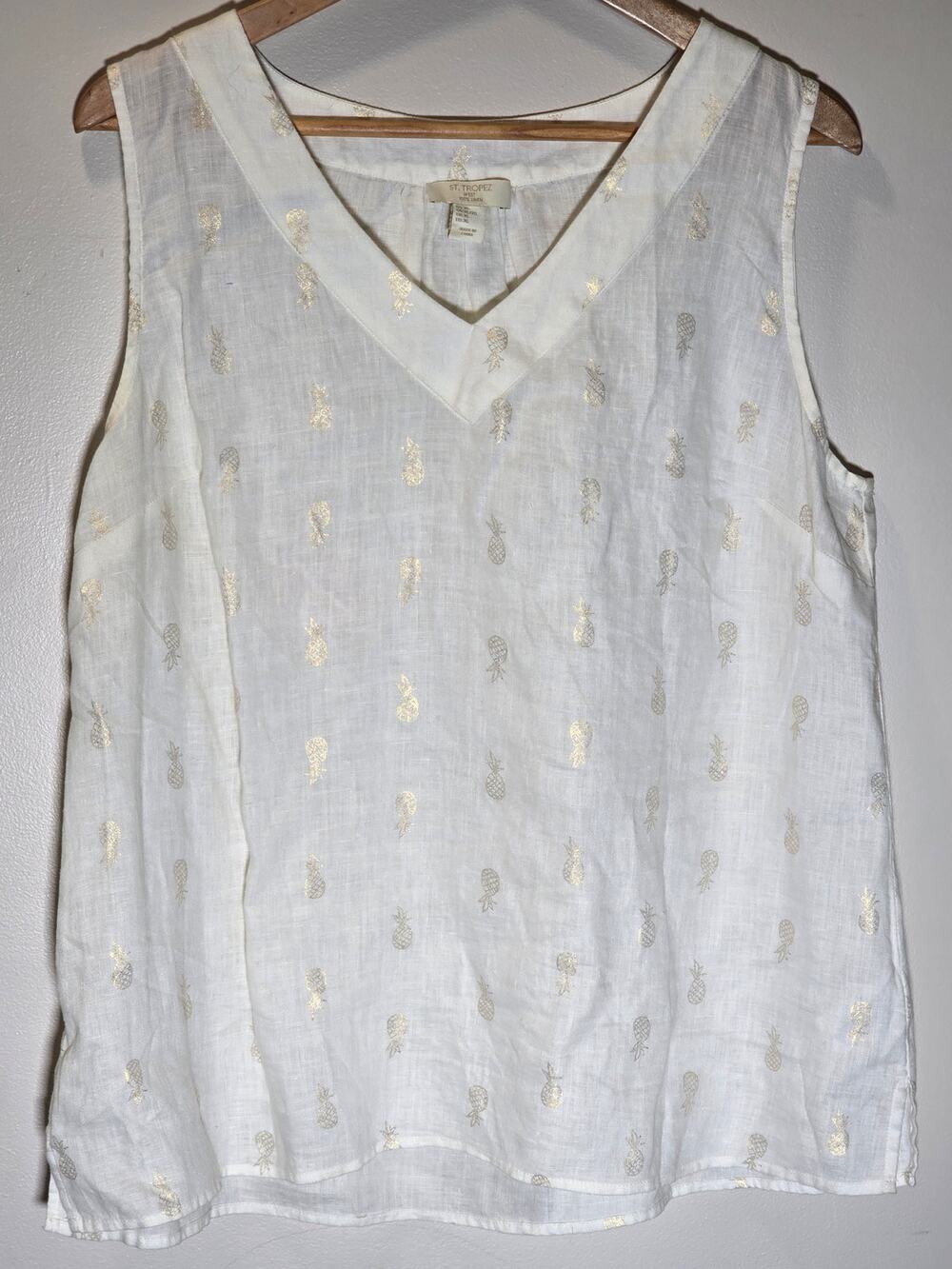 St Tropez West XL 100% Linen Gold Pineapple Print Sleeveless V Neck Tank Top